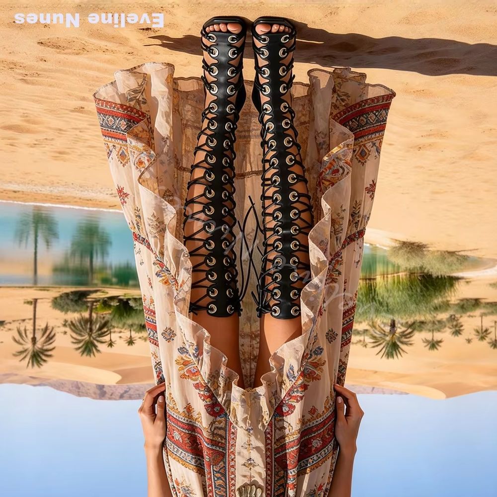 Women'S Fashion Knee High Boots - Women Gladiator Knee High Sandals Square